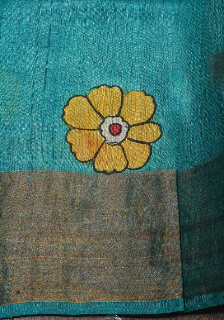 Terracotta Jari Tussar Silk Saree with Floral Kalamkari Digital Print | SILK MARK CERTIFIED