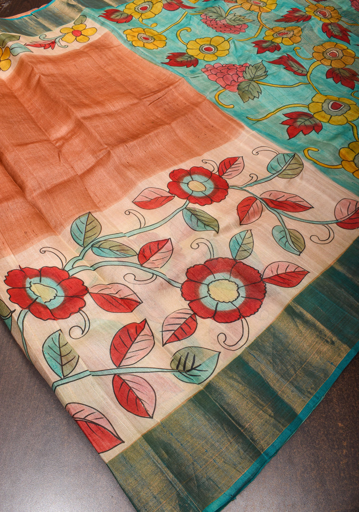 Terracotta Jari Tussar Silk Saree with Floral Kalamkari Digital Print | SILK MARK CERTIFIED