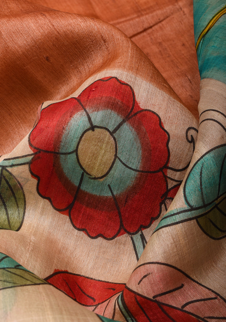 Terracotta Jari Tussar Silk Saree with Floral Kalamkari Digital Print | SILK MARK CERTIFIED