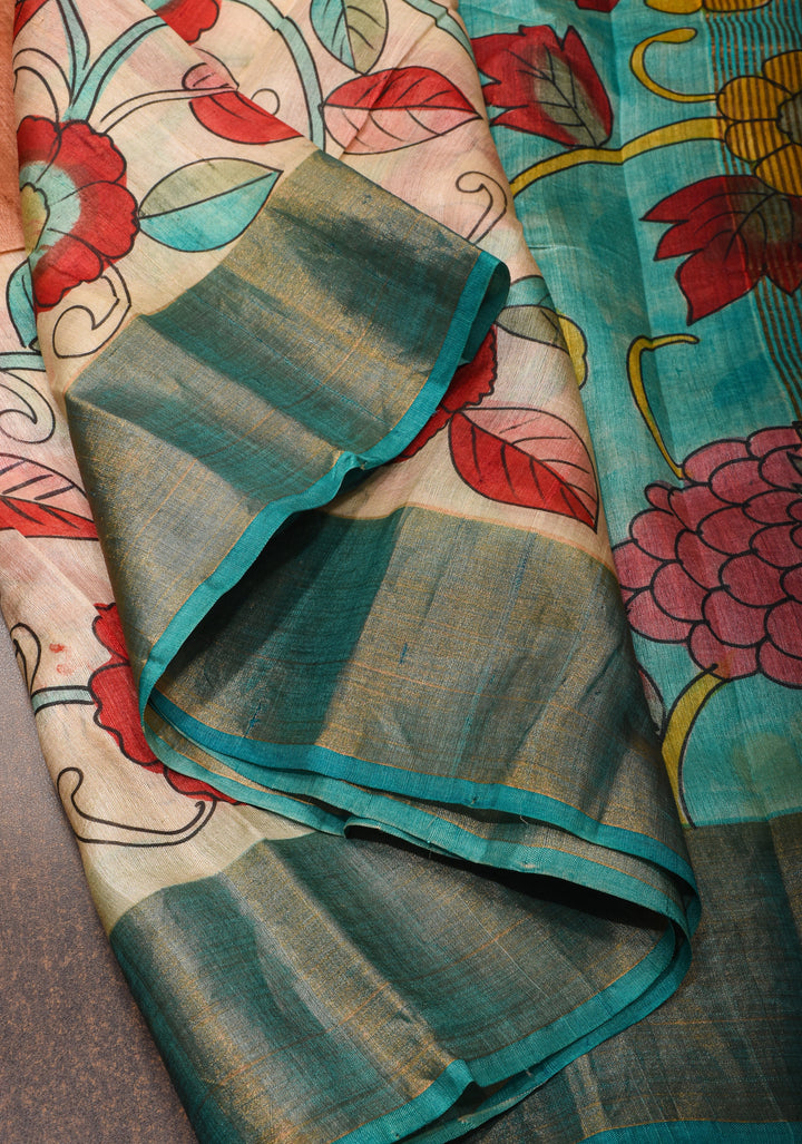 Terracotta Jari Tussar Silk Saree with Floral Kalamkari Digital Print | SILK MARK CERTIFIED