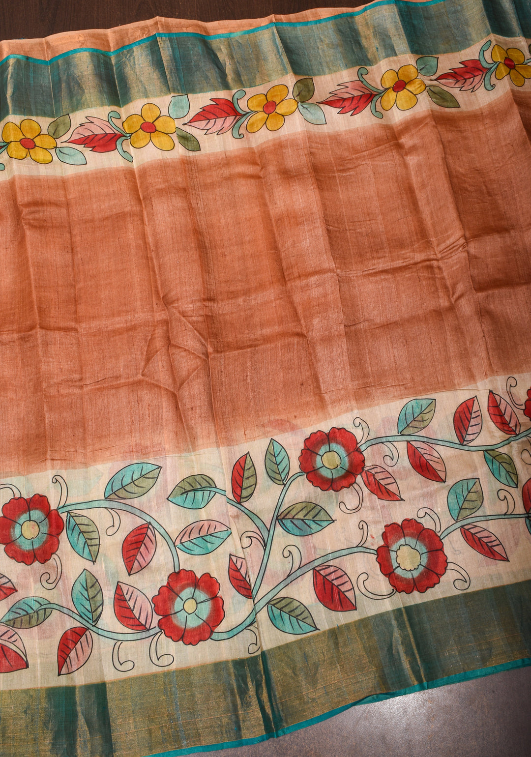 Terracotta Jari Tussar Silk Saree with Floral Kalamkari Digital Print | SILK MARK CERTIFIED