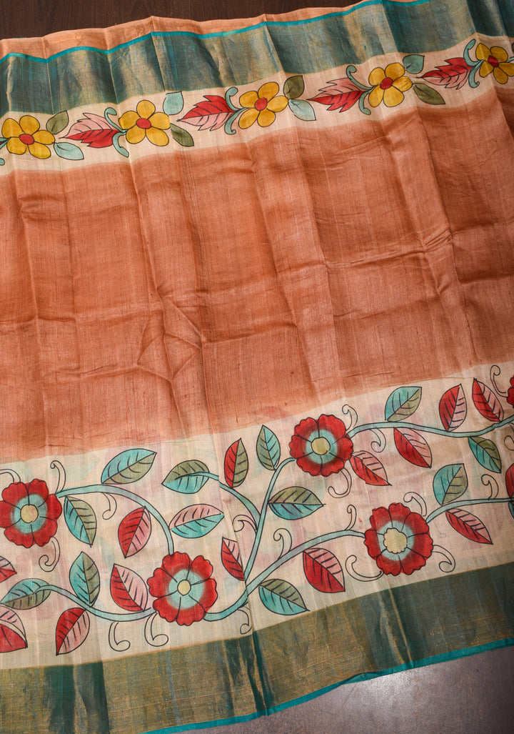 Terracotta Jari Tussar Silk Saree with Floral Kalamkari Digital Print | SILK MARK CERTIFIED