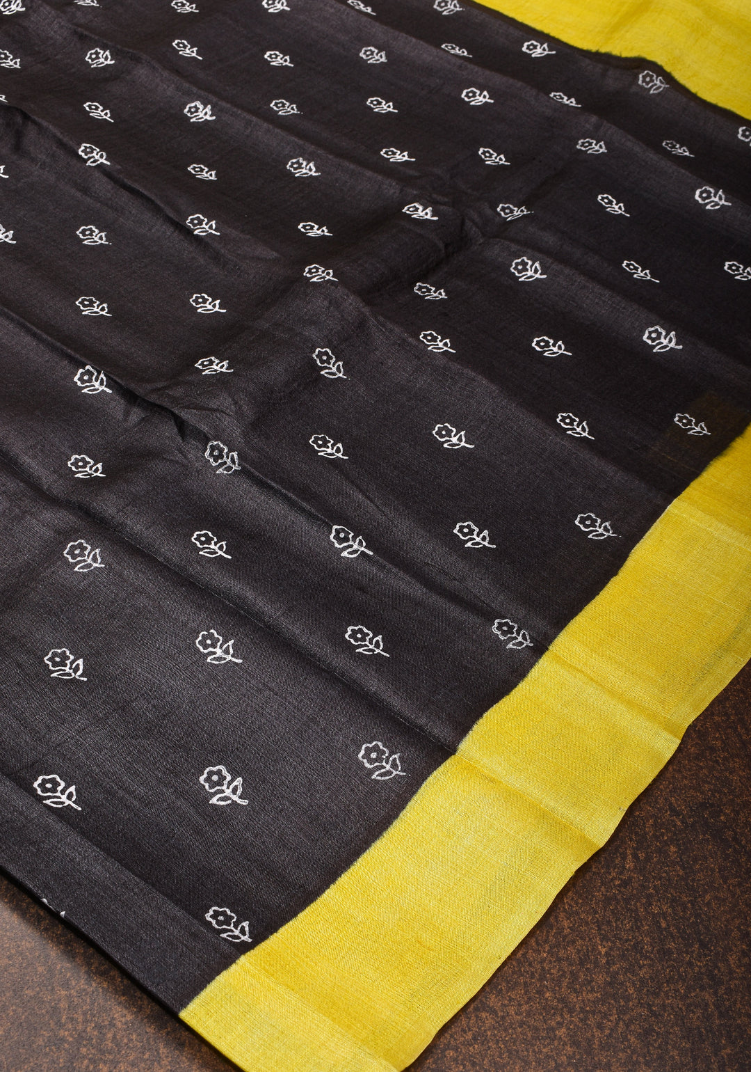 Lightweight Tussar Silk Saree in Black with Floral Buttis and Contrast Border | SILK MARK CERTIFIED