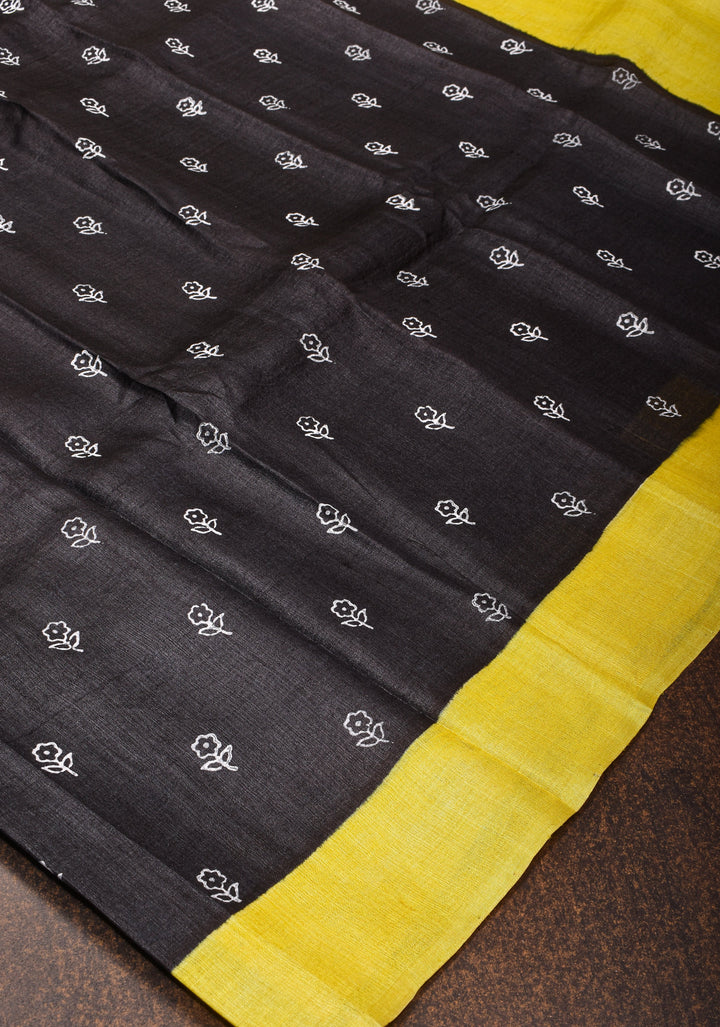 Lightweight Tussar Silk Saree in Black with Floral Buttis and Contrast Border | SILK MARK CERTIFIED