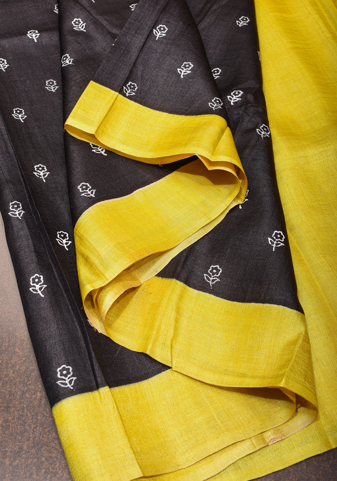 Lightweight Tussar Silk Saree in Black with Floral Buttis and Contrast Border | SILK MARK CERTIFIED