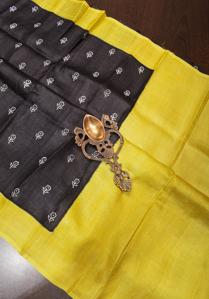 Lightweight Tussar Silk Saree in Black with Floral Buttis and Contrast Border | SILK MARK CERTIFIED