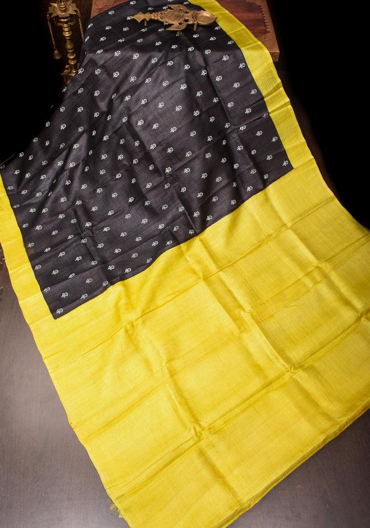 Lightweight Tussar Silk Saree in Black with Floral Buttis and Contrast Border | SILK MARK CERTIFIED