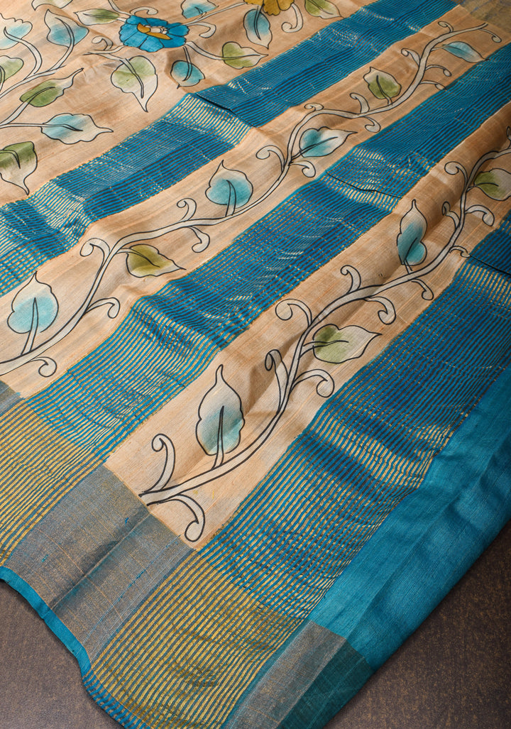 Jari Tussar Silk Saree in Pale Taupe with Floral Vines Kalamkari digital print | SILK MARK CERTIFIED
