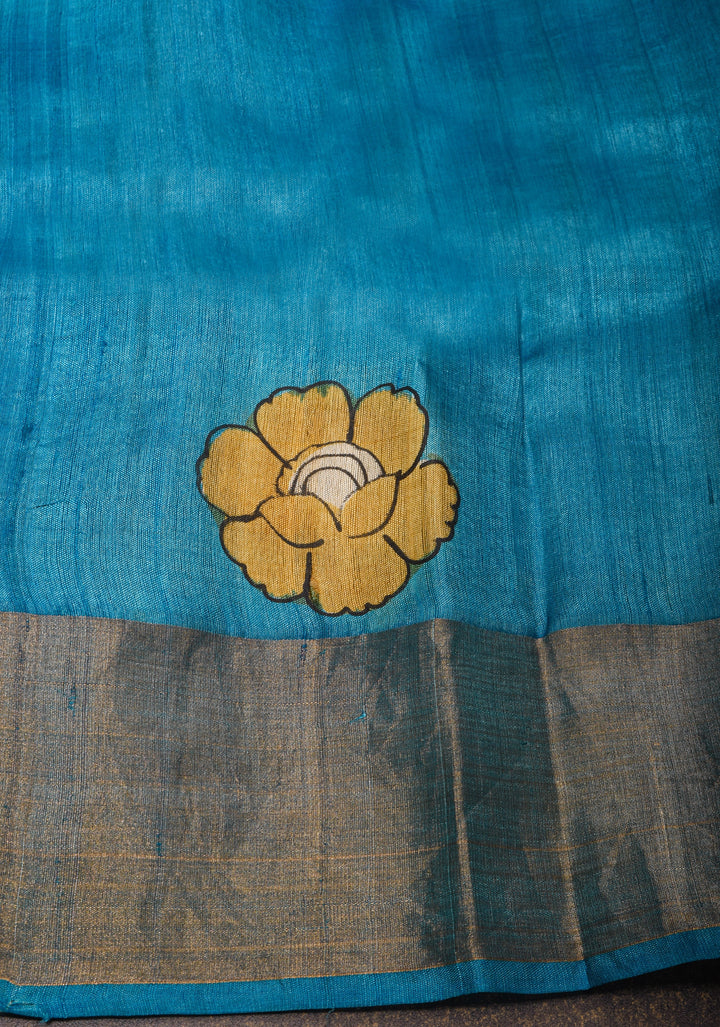 Jari Tussar Silk Saree in Pale Taupe with Floral Vines Kalamkari digital print | SILK MARK CERTIFIED