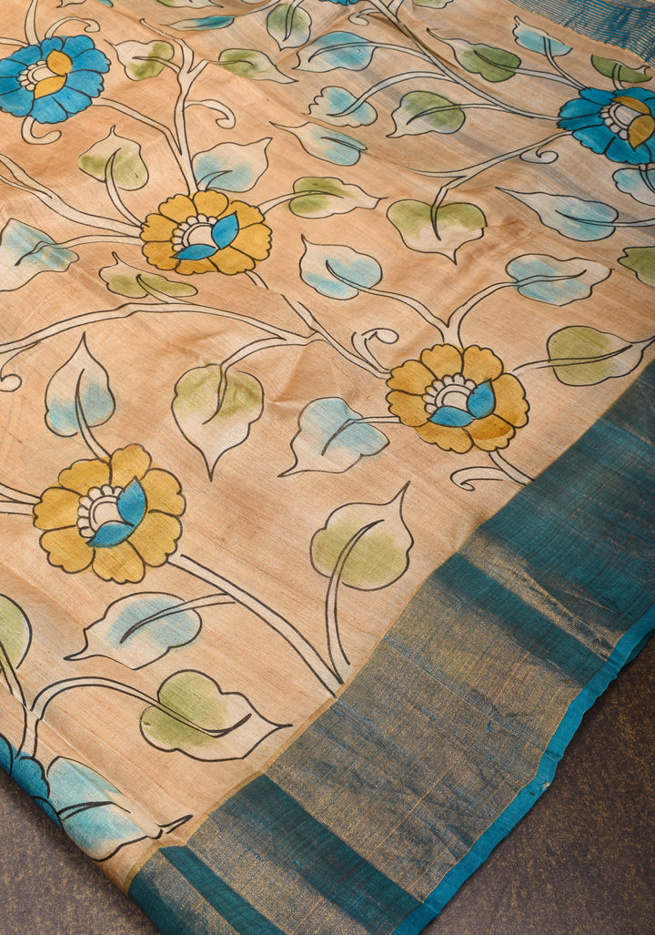Jari Tussar Silk Saree in Pale Taupe with Floral Vines Kalamkari digital print | SILK MARK CERTIFIED