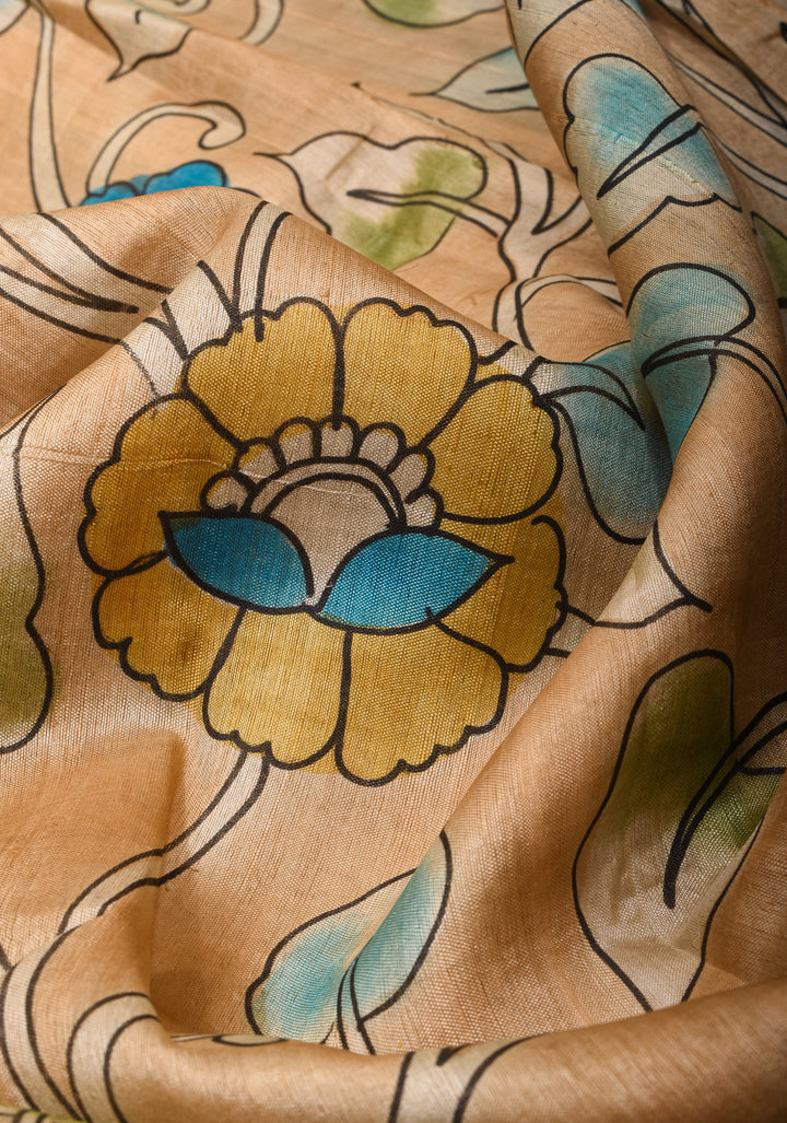 Jari Tussar Silk Saree in Pale Taupe with Floral Vines Kalamkari digital print | SILK MARK CERTIFIED