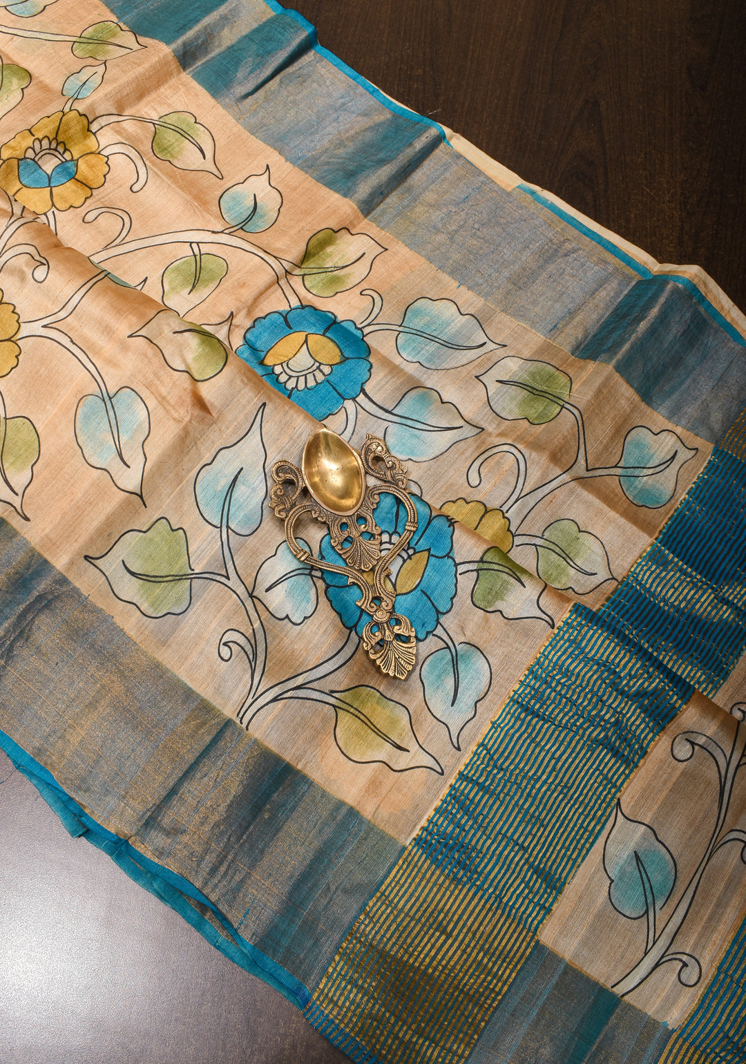 Jari Tussar Silk Saree in Pale Taupe with Floral Vines Kalamkari digital print | SILK MARK CERTIFIED
