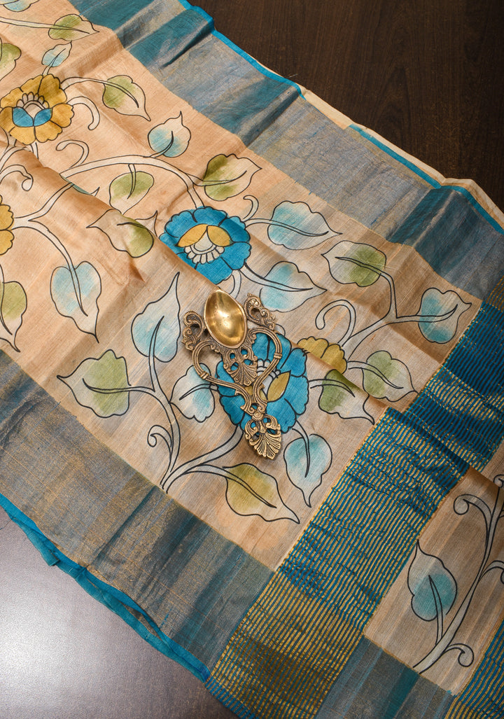 Jari Tussar Silk Saree in Pale Taupe with Floral Vines Kalamkari digital print | SILK MARK CERTIFIED