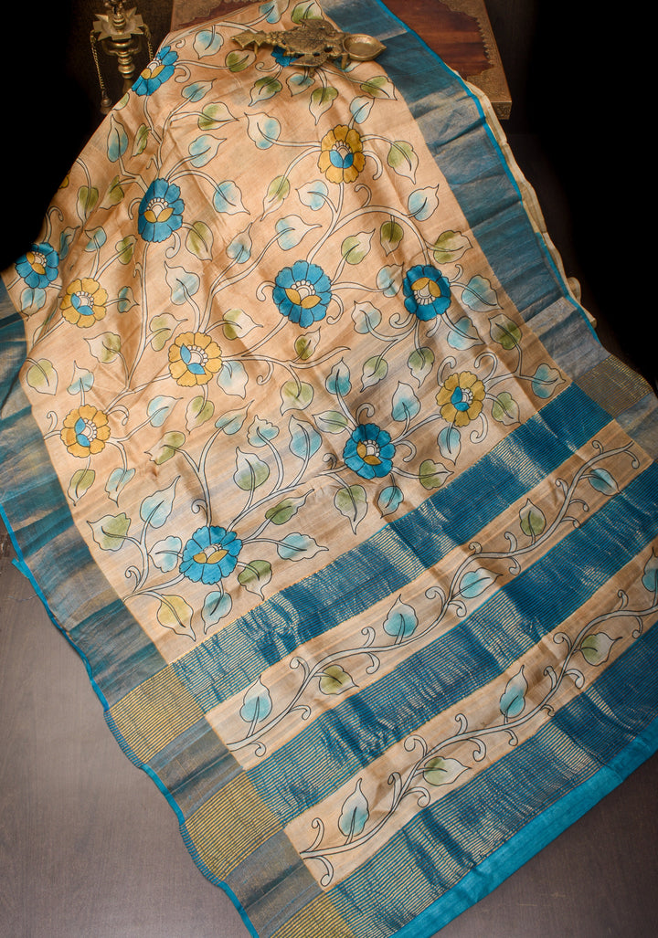 Jari Tussar Silk Saree in Pale Taupe with Floral Vines Kalamkari digital print | SILK MARK CERTIFIED
