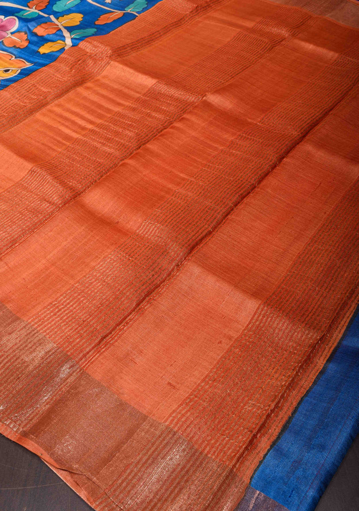Blue Jari Tussar Saree with Kalamkari Hand Painted Kalamakri Floral Design | SILK MARK CERTIFIED | SHOBITAM