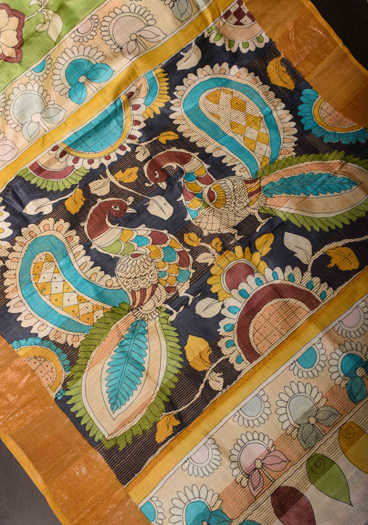 Jari Tussar Silk Saree in green with peacock and floral Kalamkari Handpainted  | SILK MARK CERTIFIED