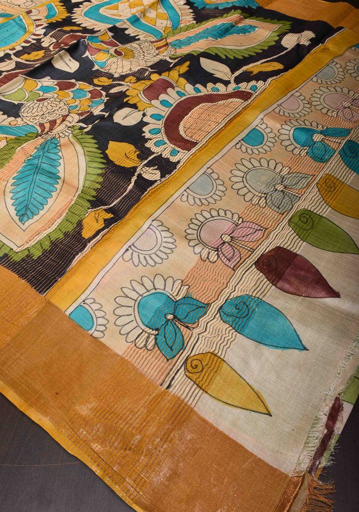 Jari Tussar Silk Saree in green with peacock and floral Kalamkari Handpainted  | SILK MARK CERTIFIED