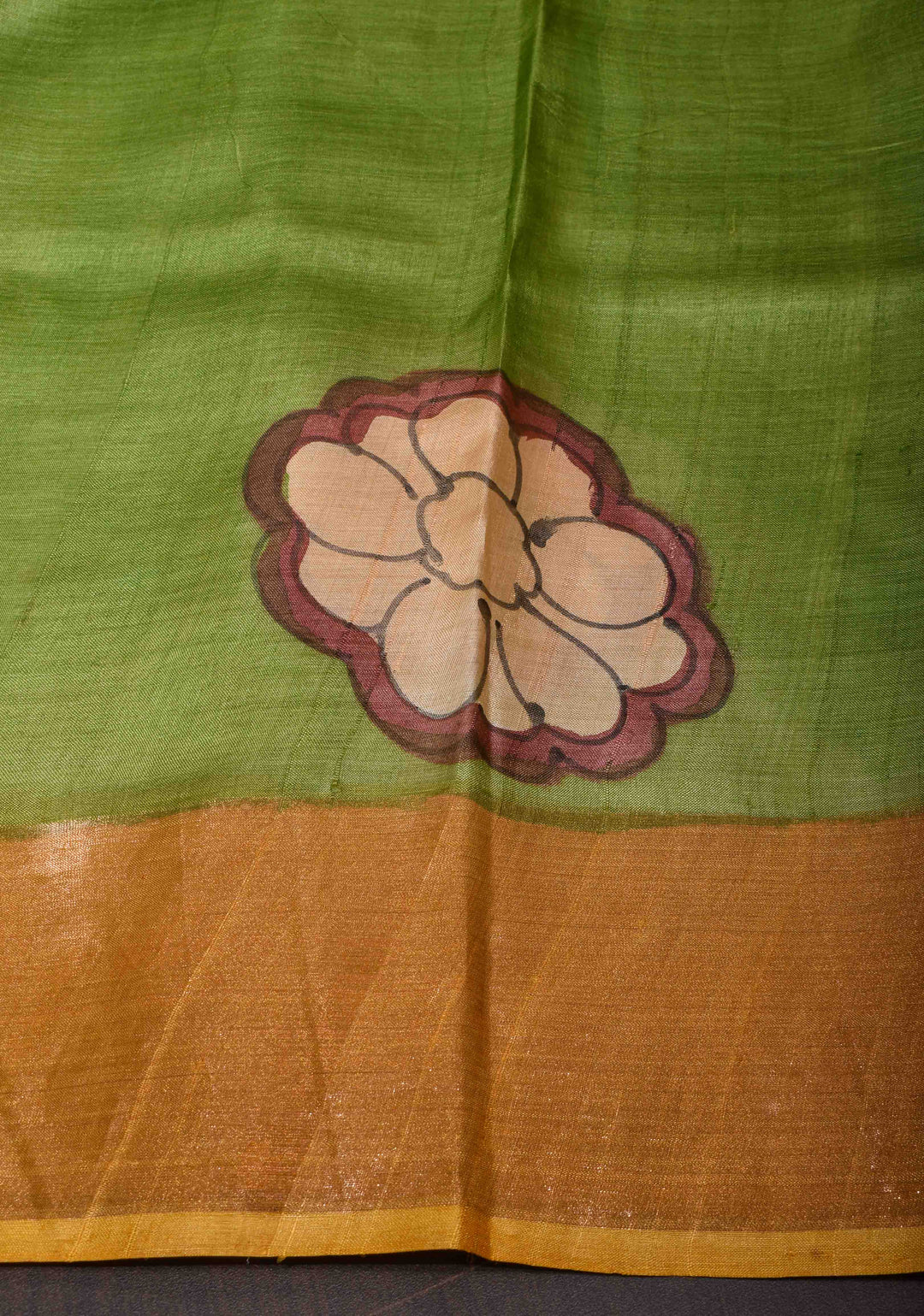 Jari Tussar Silk Saree in green with peacock and floral Kalamkari Handpainted  | SILK MARK CERTIFIED