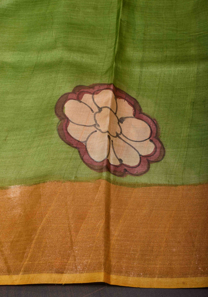 Jari Tussar Silk Saree in green with peacock and floral Kalamkari Handpainted  | SILK MARK CERTIFIED