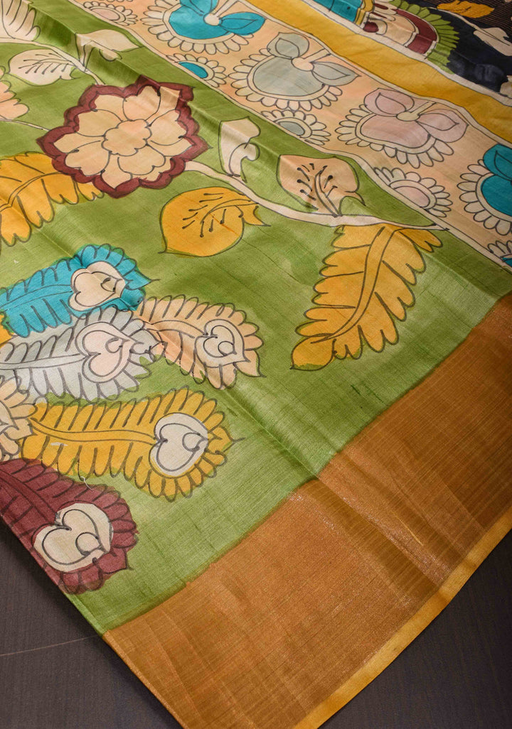 Jari Tussar Silk Saree in green with peacock and floral Kalamkari Handpainted  | SILK MARK CERTIFIED
