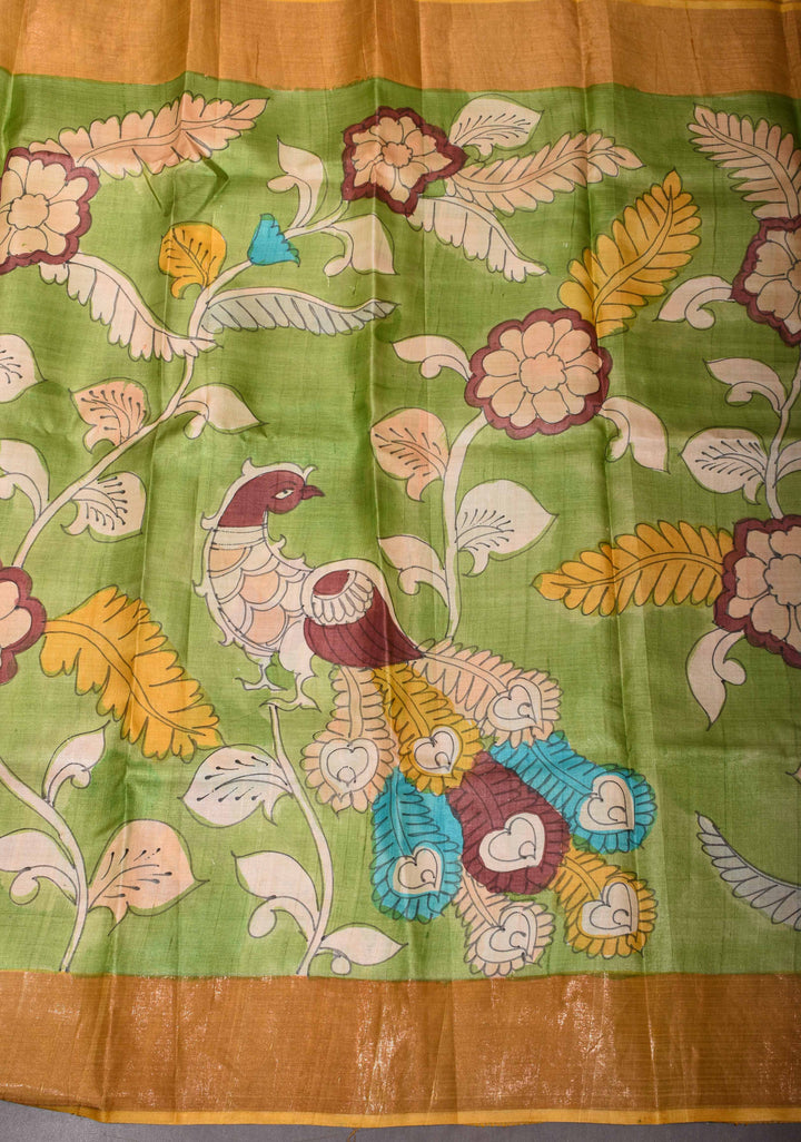 Jari Tussar Silk Saree in green with peacock and floral Kalamkari Handpainted  | SILK MARK CERTIFIED
