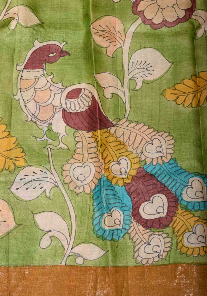 Jari Tussar Silk Saree in green with peacock and floral Kalamkari Handpainted  | SILK MARK CERTIFIED
