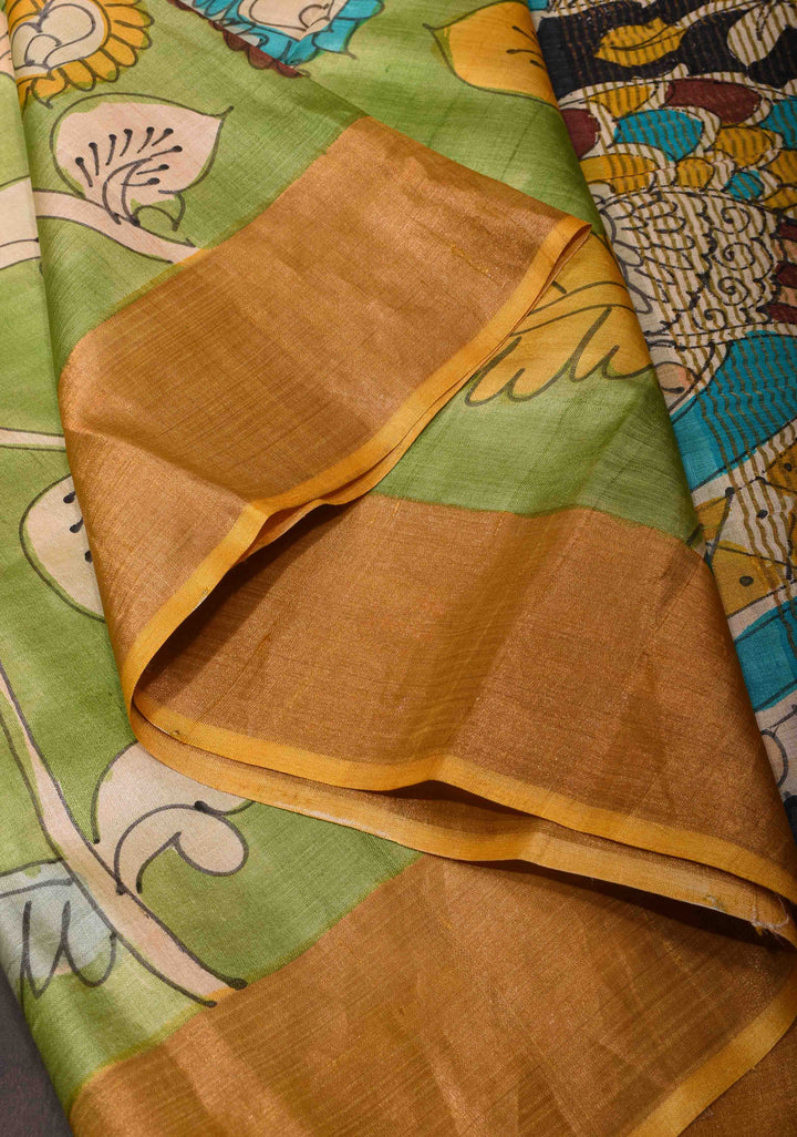 Jari Tussar Silk Saree in green with peacock and floral Kalamkari Handpainted  | SILK MARK CERTIFIED