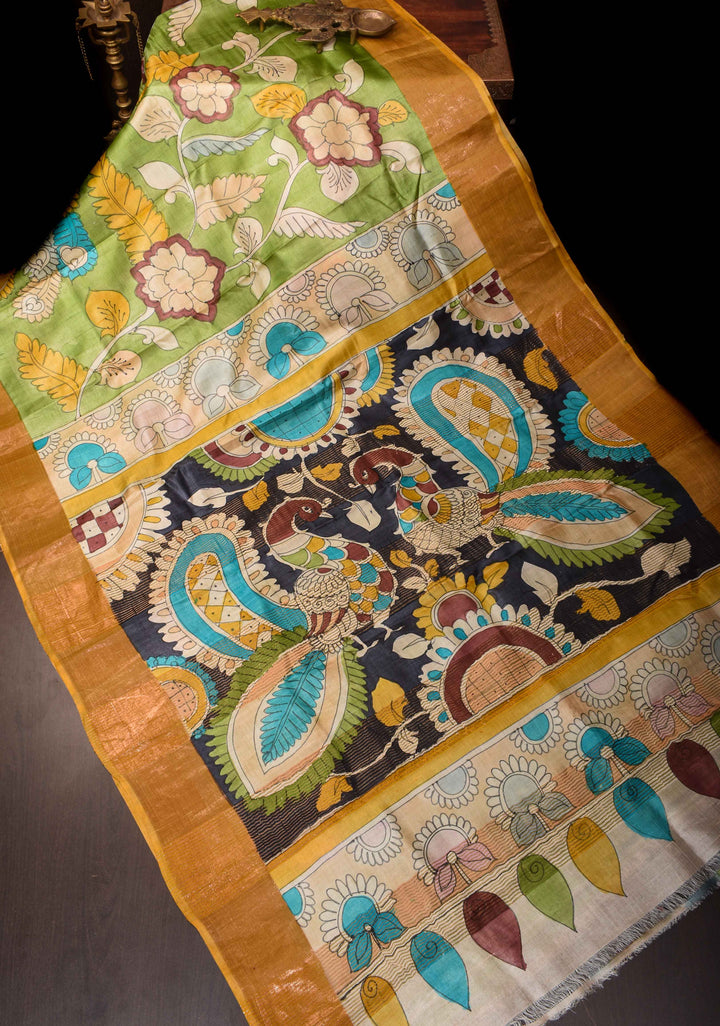 Jari Tussar Silk Saree in green with peacock and floral Kalamkari Handpainted  | SILK MARK CERTIFIED