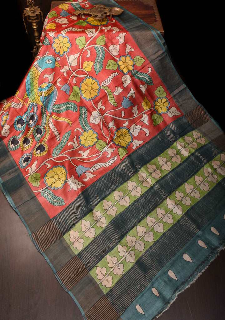 Jari Tussar Silk Saree in Red with Kalamkari Handpainted and peacock motif  | SILK MARK CERTIFIED