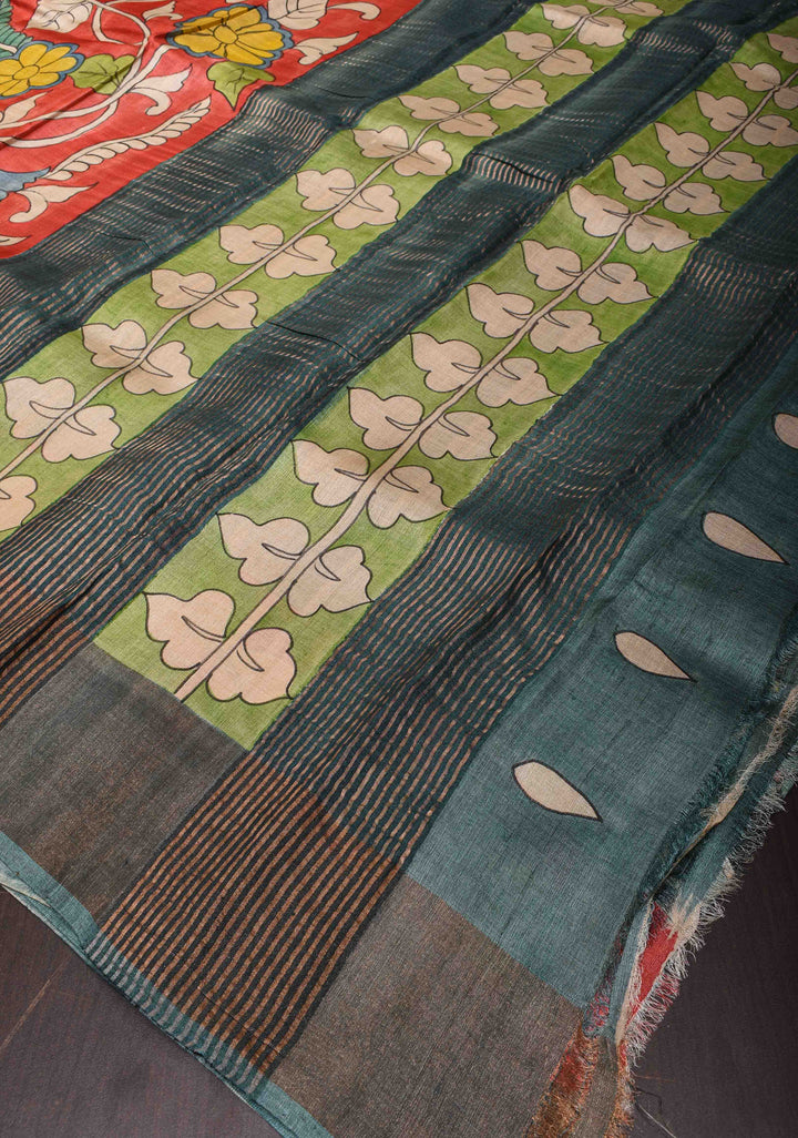 Jari Tussar Silk Saree in Red with Kalamkari Handpainted and peacock motif  | SILK MARK CERTIFIED