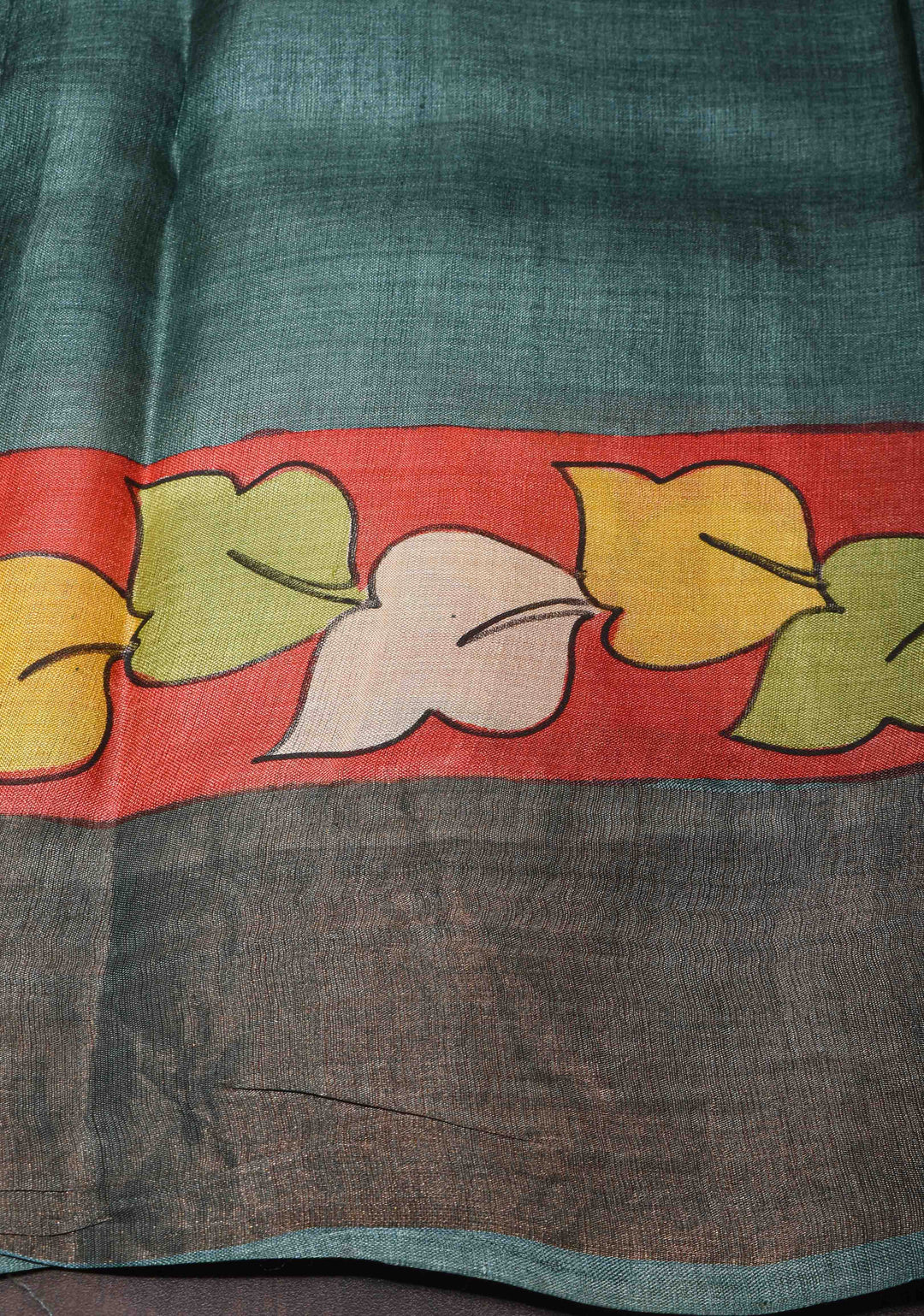Jari Tussar Silk Saree in Red with Kalamkari Handpainted and peacock motif  | SILK MARK CERTIFIED