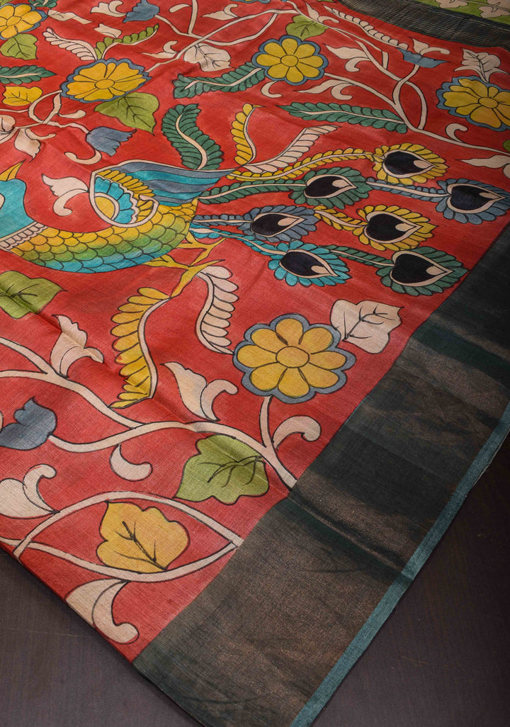 Jari Tussar Silk Saree in Red with Kalamkari Handpainted and peacock motif  | SILK MARK CERTIFIED