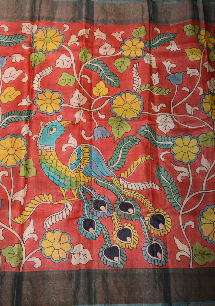 Jari Tussar Silk Saree in Red with Kalamkari Handpainted and peacock motif  | SILK MARK CERTIFIED