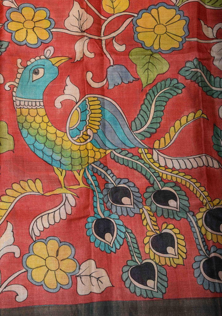 Jari Tussar Silk Saree in Red with Kalamkari Handpainted and peacock motif  | SILK MARK CERTIFIED