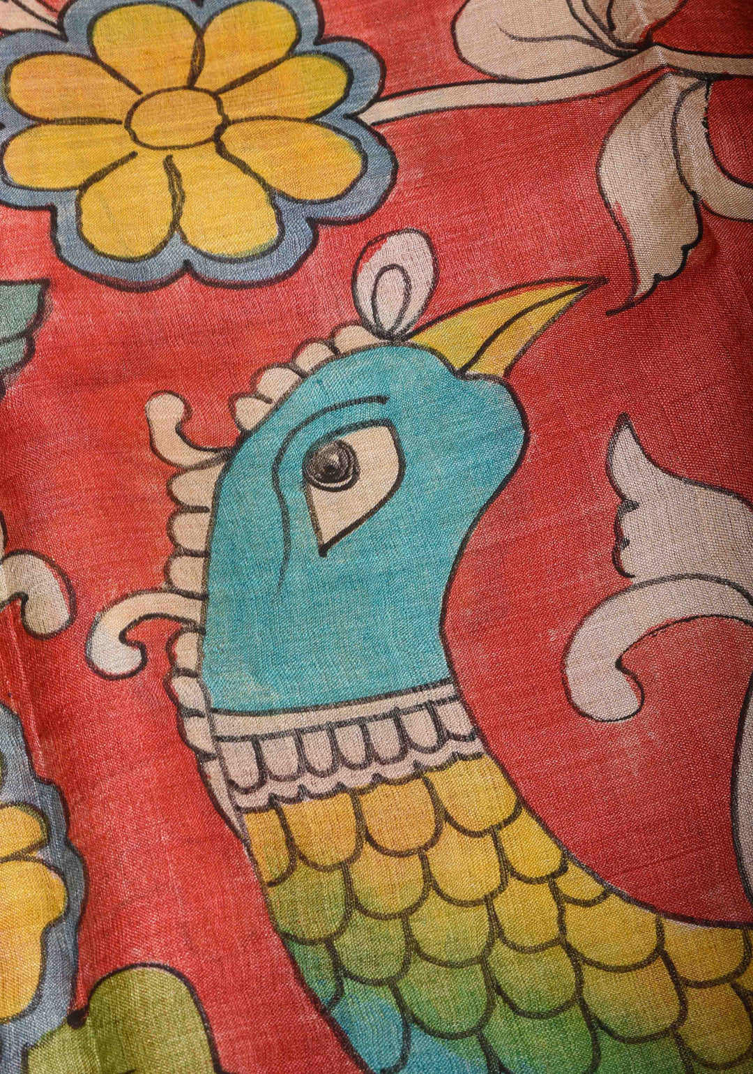 Jari Tussar Silk Saree in Red with Kalamkari Handpainted and peacock motif  | SILK MARK CERTIFIED