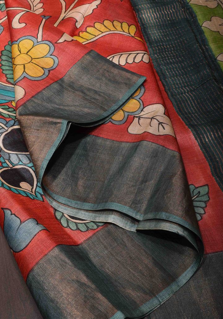 Jari Tussar Silk Saree in Red with Kalamkari Handpainted and peacock motif  | SILK MARK CERTIFIED