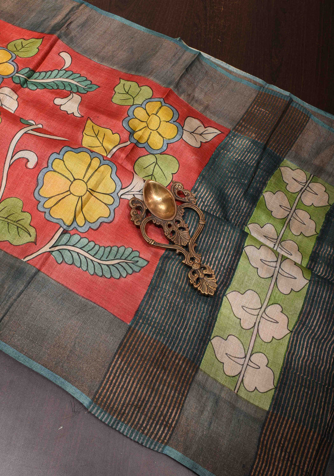 Jari Tussar Silk Saree in Red with Kalamkari Handpainted and peacock motif  | SILK MARK CERTIFIED