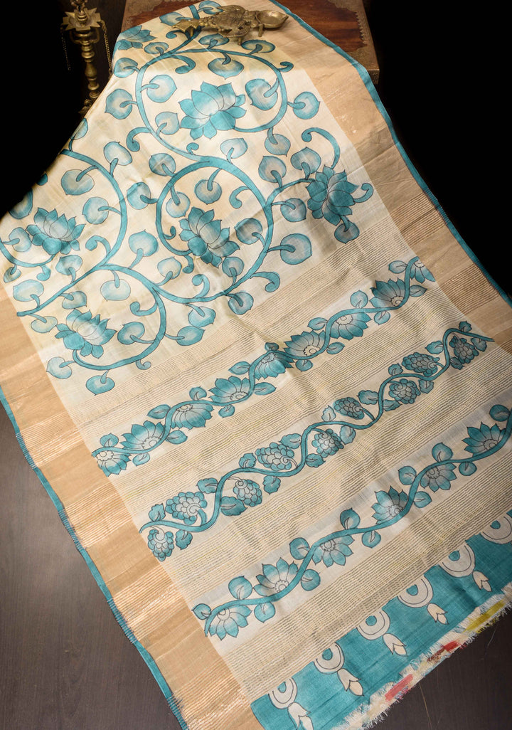 Beige Jari Tussar Saree with Hand Painted Kalamkari Floral Vines and Zari Border | SILK MARK CERTIFIED