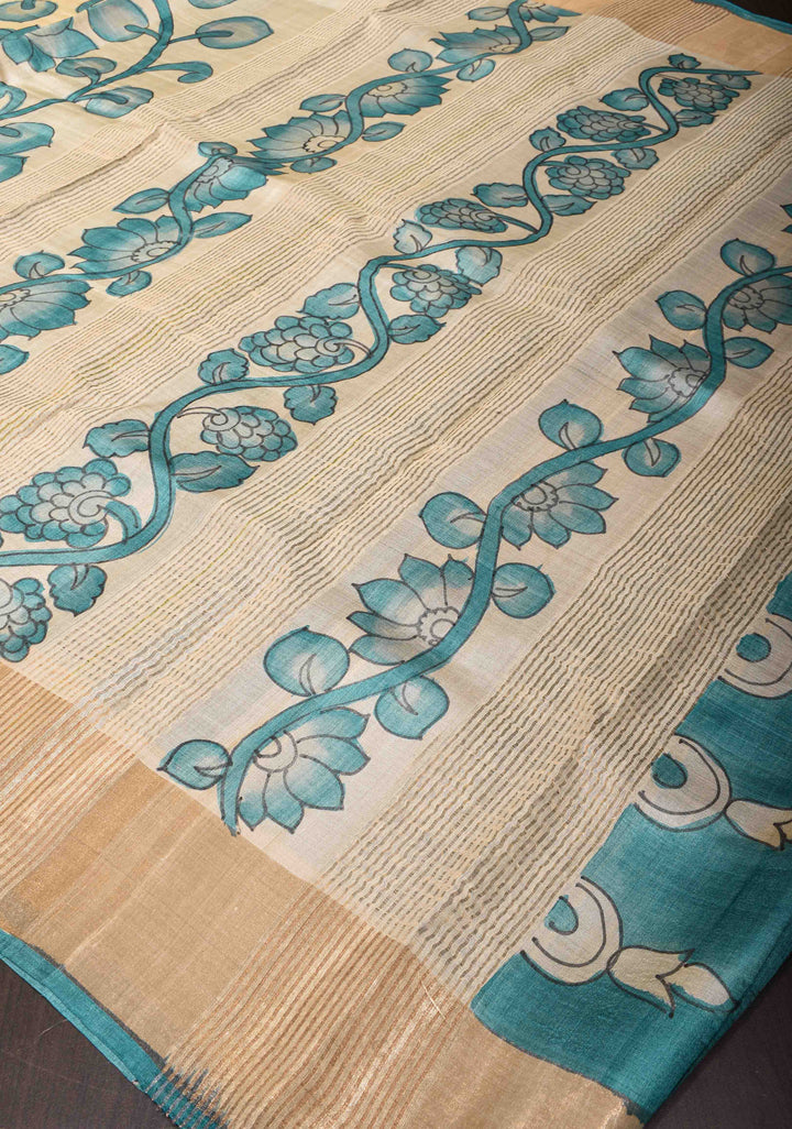 Beige Jari Tussar Saree with Hand Painted Kalamkari Floral Vines and Zari Border | SILK MARK CERTIFIED