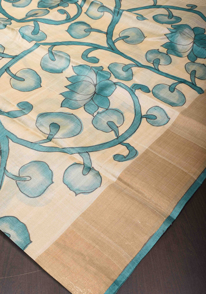 Beige Jari Tussar Saree with Hand Painted Kalamkari Floral Vines and Zari Border | SILK MARK CERTIFIED