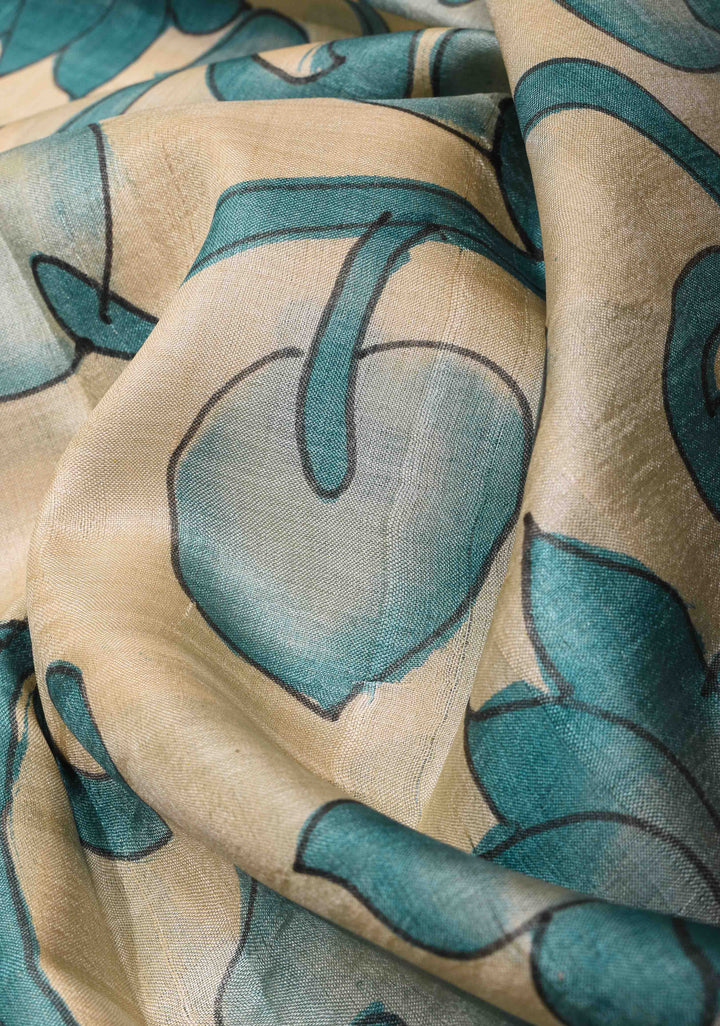 Beige Jari Tussar Saree with Hand Painted Kalamkari Floral Vines and Zari Border | SILK MARK CERTIFIED