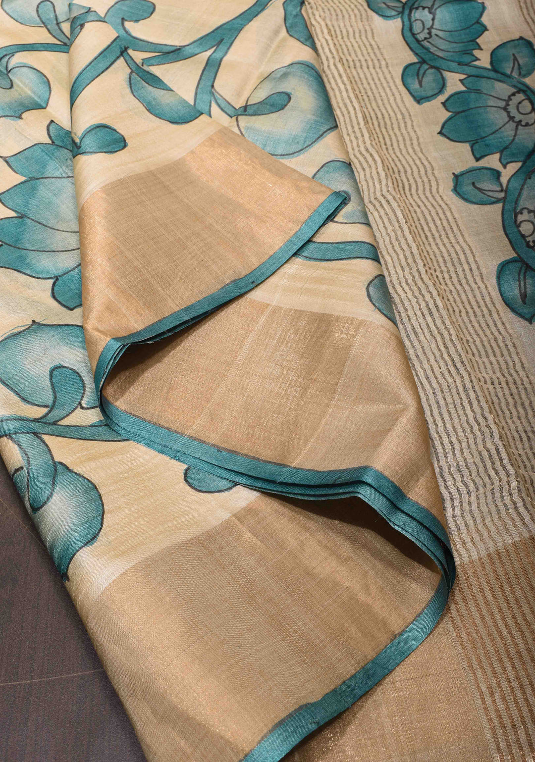 Beige Jari Tussar Saree with Hand Painted Kalamkari Floral Vines and Zari Border | SILK MARK CERTIFIED