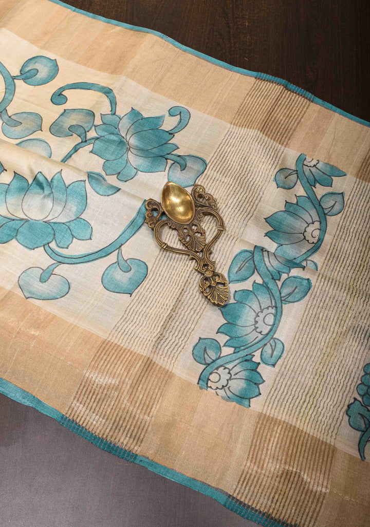 Beige Jari Tussar Saree with Hand Painted Kalamkari Floral Vines and Zari Border | SILK MARK CERTIFIED
