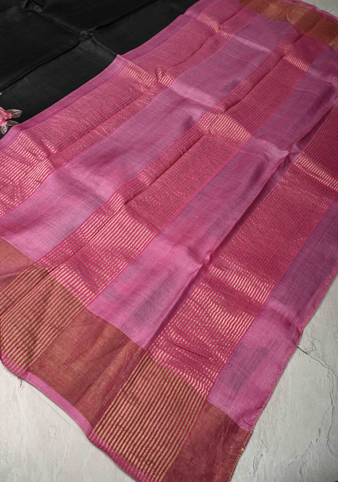 Jari Tussar Silk Saree in Black with Floral Digital Print Above Contrast zari Border | SILK MARK CERTIFIED