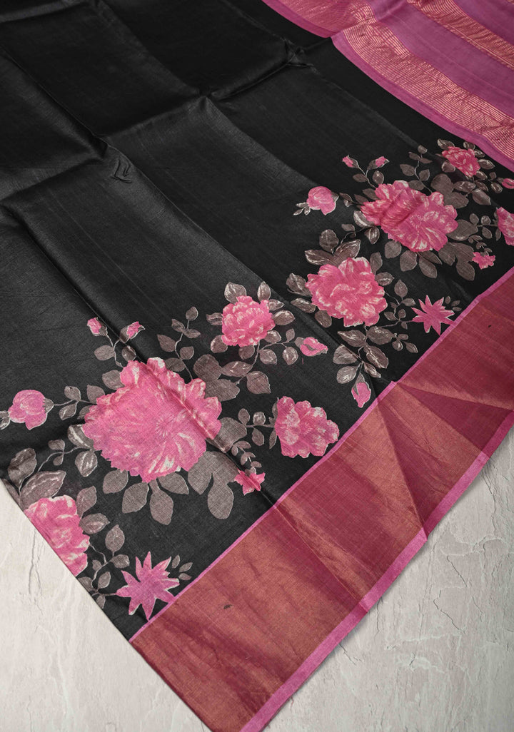 Jari Tussar Silk Saree in Black with Floral Digital Print Above Contrast zari Border | SILK MARK CERTIFIED