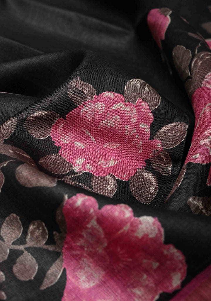 Jari Tussar Silk Saree in Black with Floral Digital Print Above Contrast zari Border | SILK MARK CERTIFIED