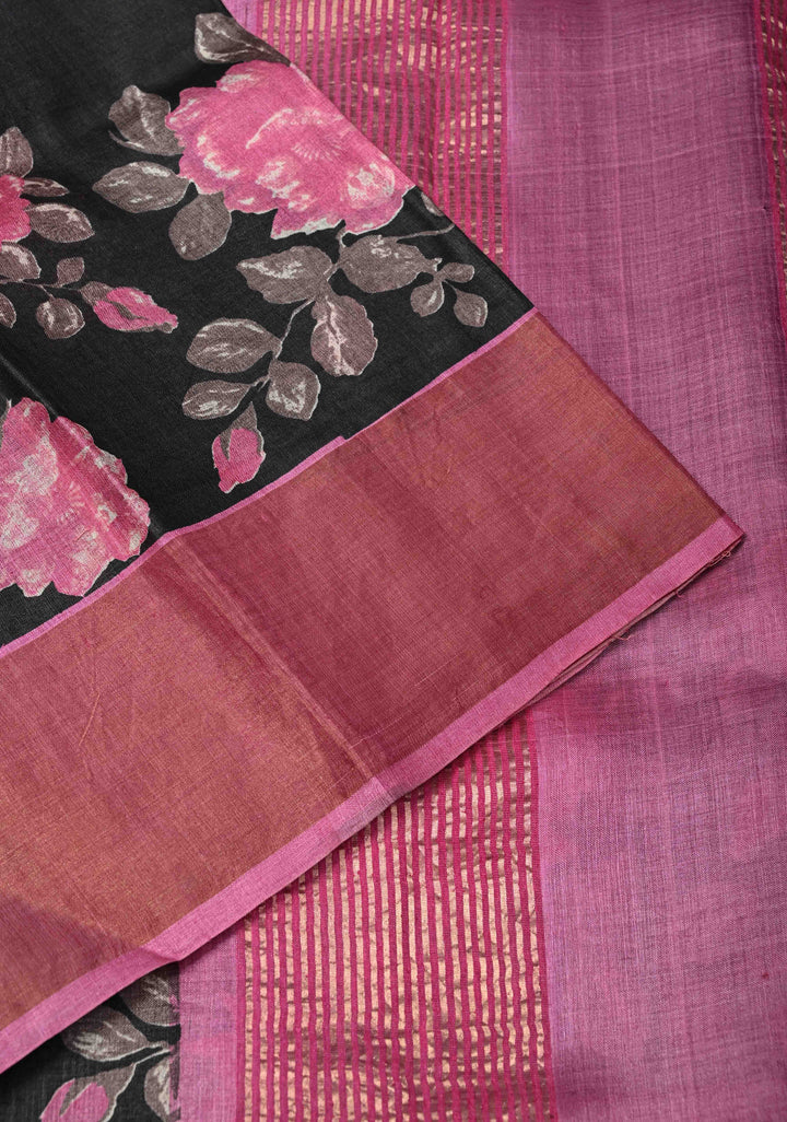 Jari Tussar Silk Saree in Black with Floral Digital Print Above Contrast zari Border | SILK MARK CERTIFIED