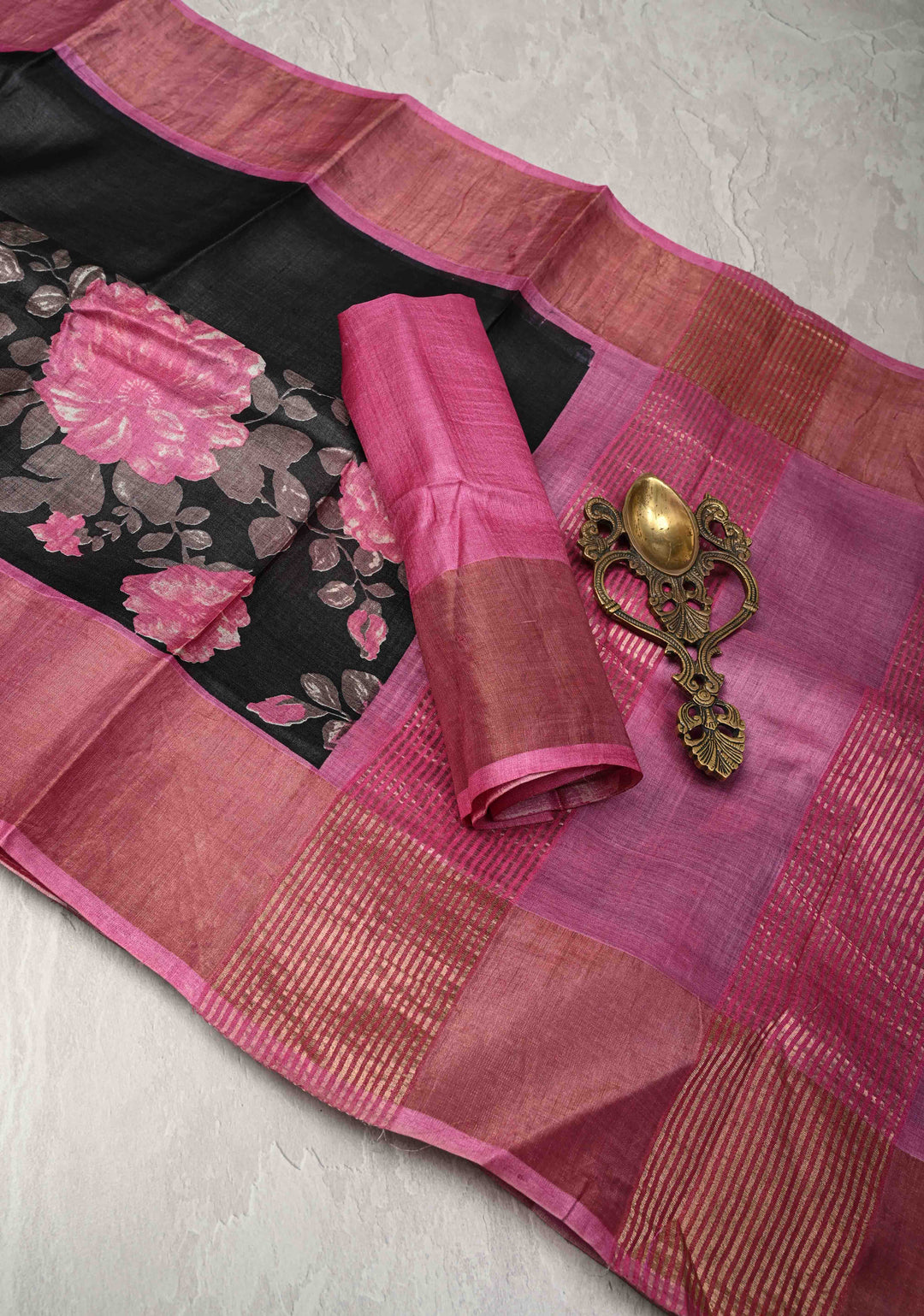 Jari Tussar Silk Saree in Black with Floral Digital Print Above Contrast zari Border | SILK MARK CERTIFIED