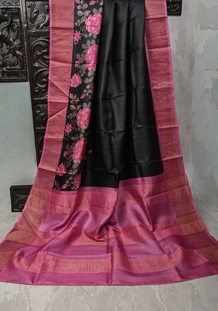Jari Tussar Silk Saree in Black with Floral Digital Print Above Contrast zari Border | SILK MARK CERTIFIED