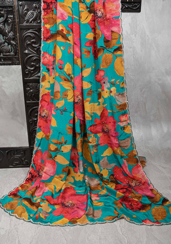 Aqua Blue Floral Digital Print on Glossy Chinon Saree with Sequins and Cutdana-Moti Scallop Border